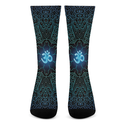 Blue Om Mandala Print Crew Socks
