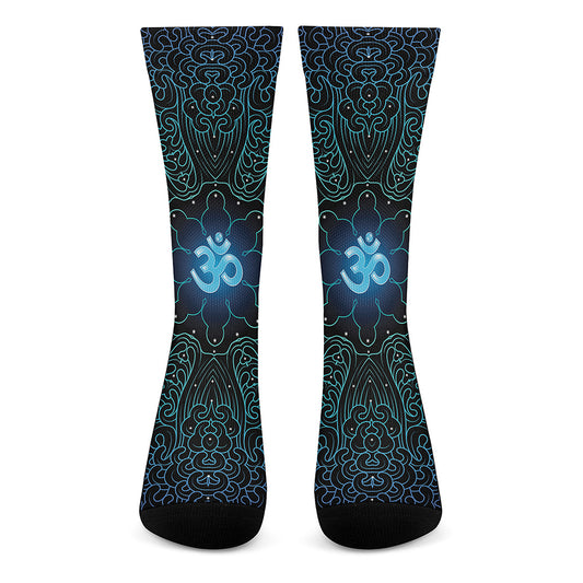Blue Om Mandala Print Crew Socks