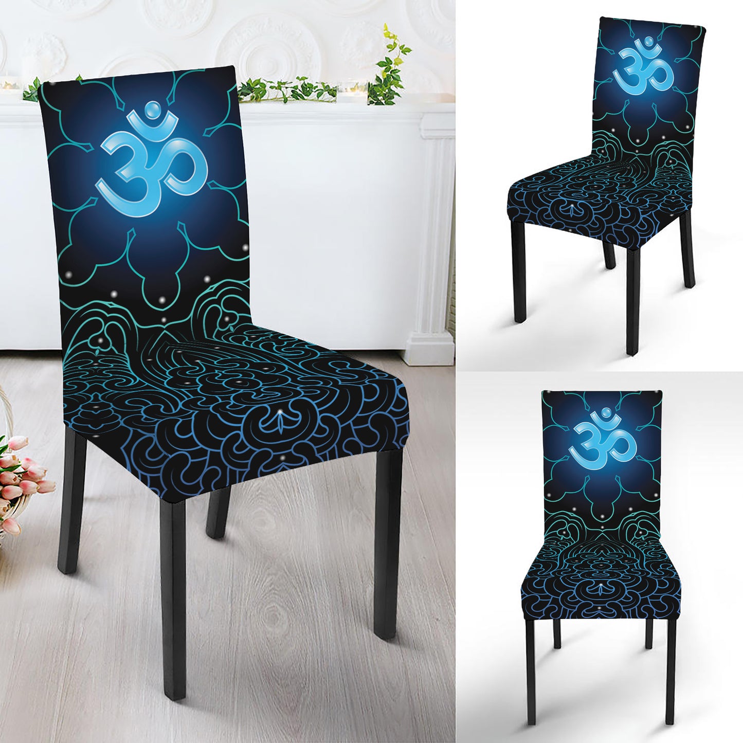 Blue Om Mandala Print Dining Chair Slipcover