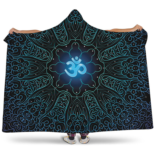 Blue Om Mandala Print Hooded Blanket