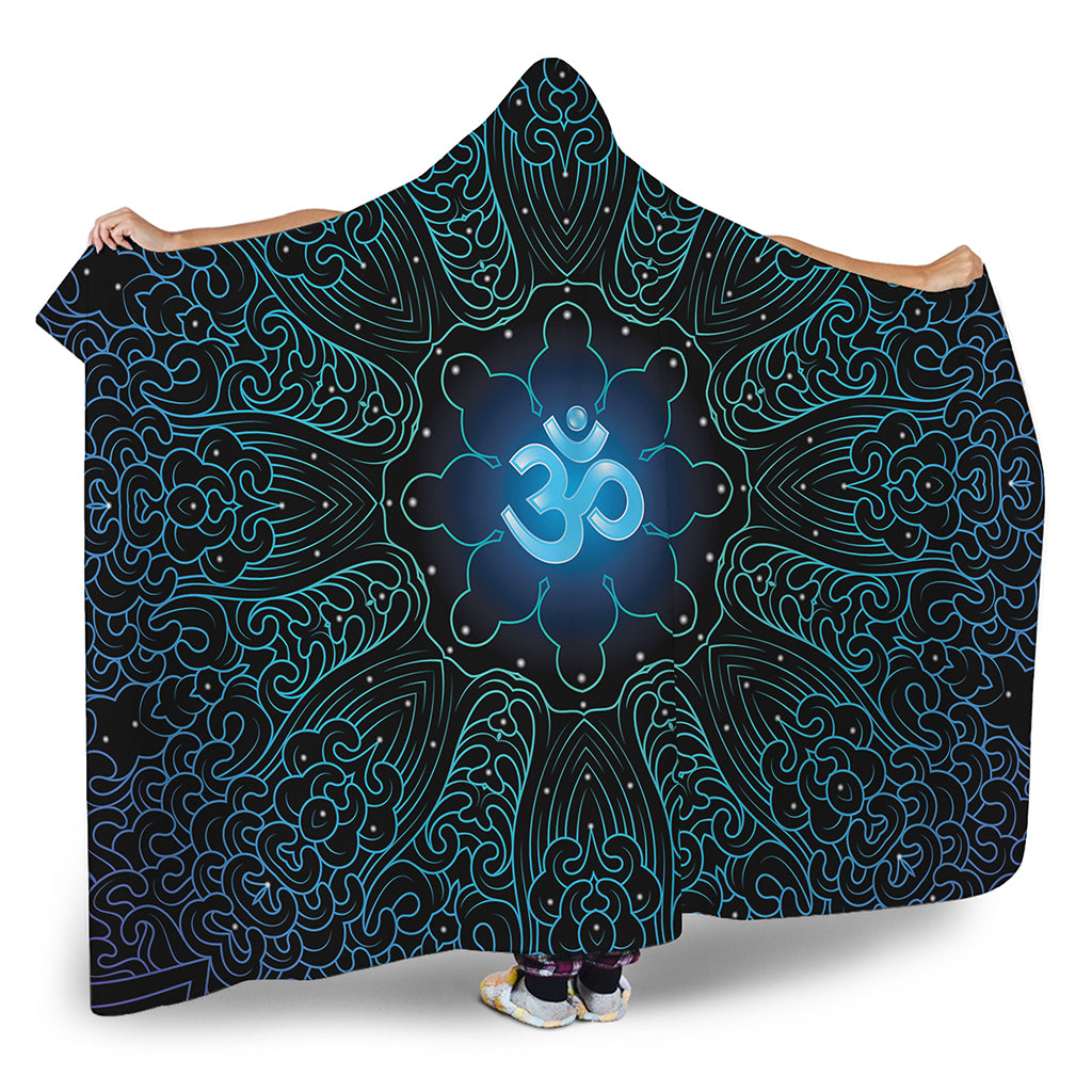 Blue Om Mandala Print Hooded Blanket