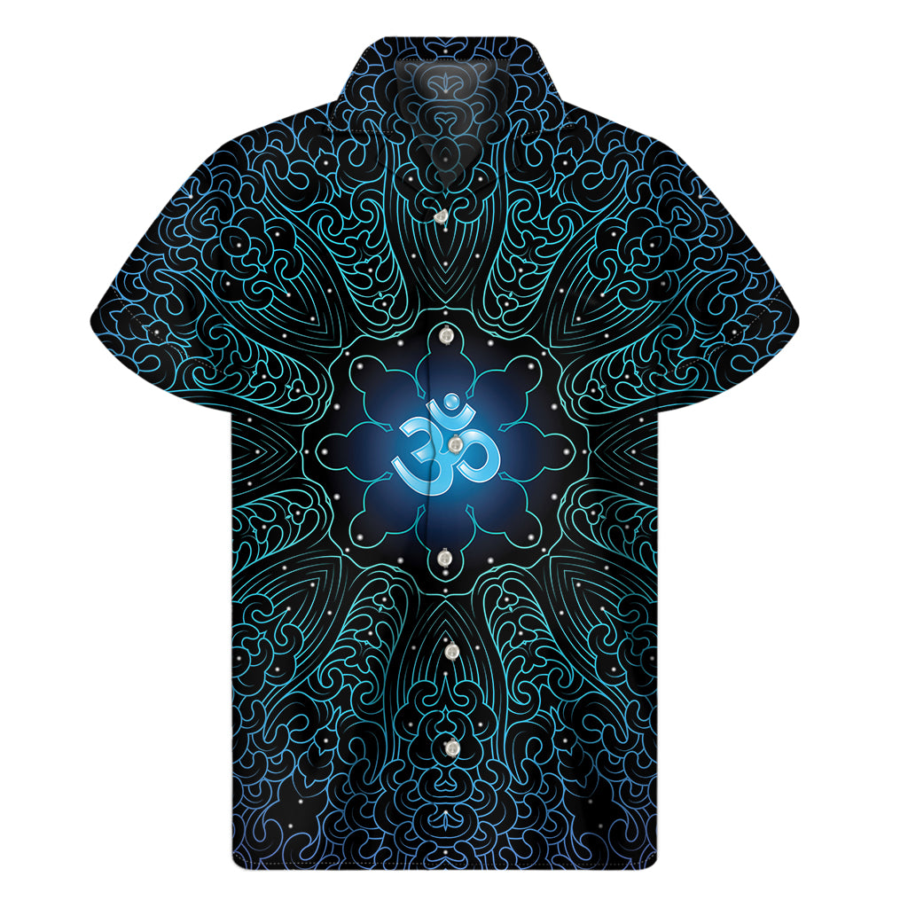 Blue Om Mandala Print Men's Short Sleeve Shirt