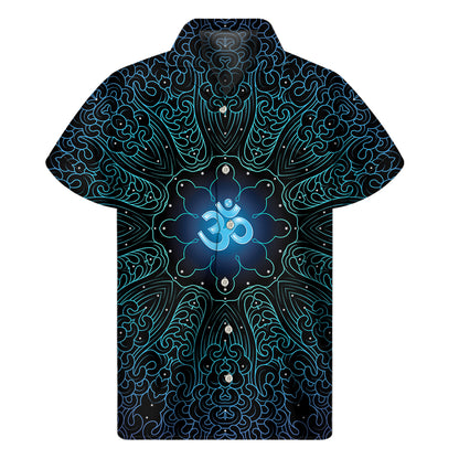 Blue Om Mandala Print Men's Short Sleeve Shirt