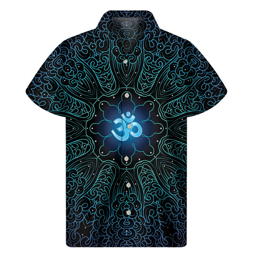 Blue Om Mandala Print Men's Short Sleeve Shirt