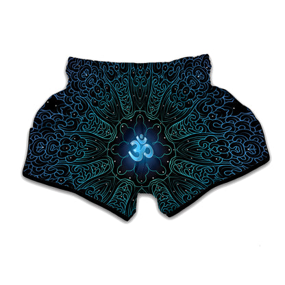 Blue Om Mandala Print Muay Thai Boxing Shorts