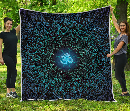 Blue Om Mandala Print Quilt