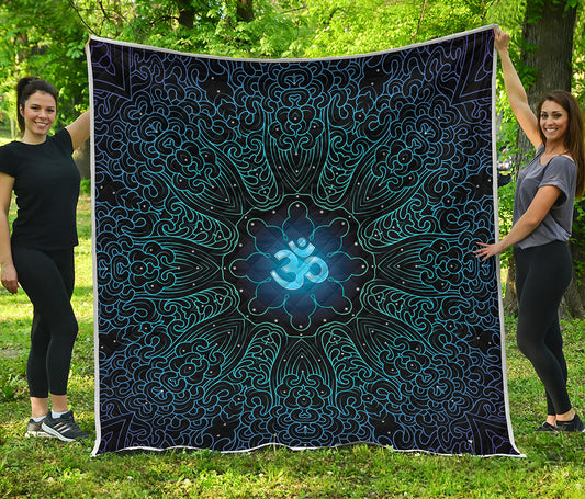 Blue Om Mandala Print Quilt