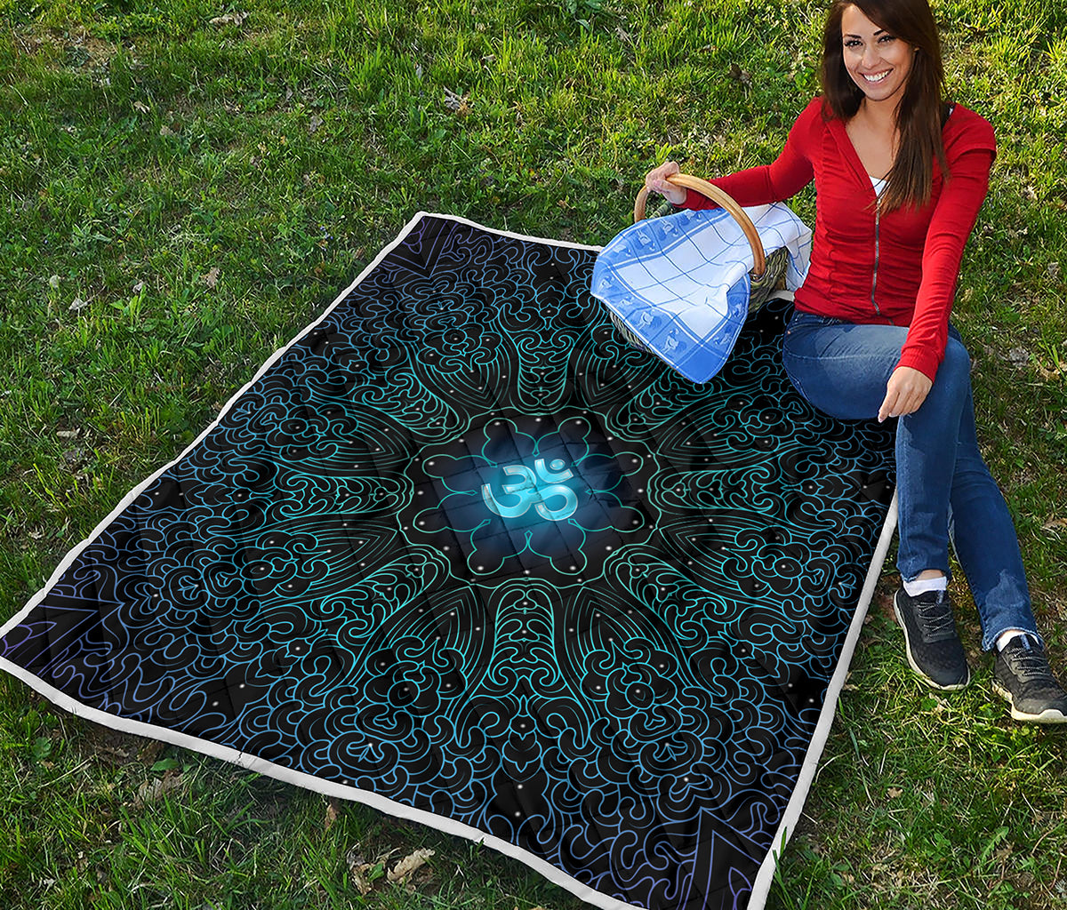 Blue Om Mandala Print Quilt