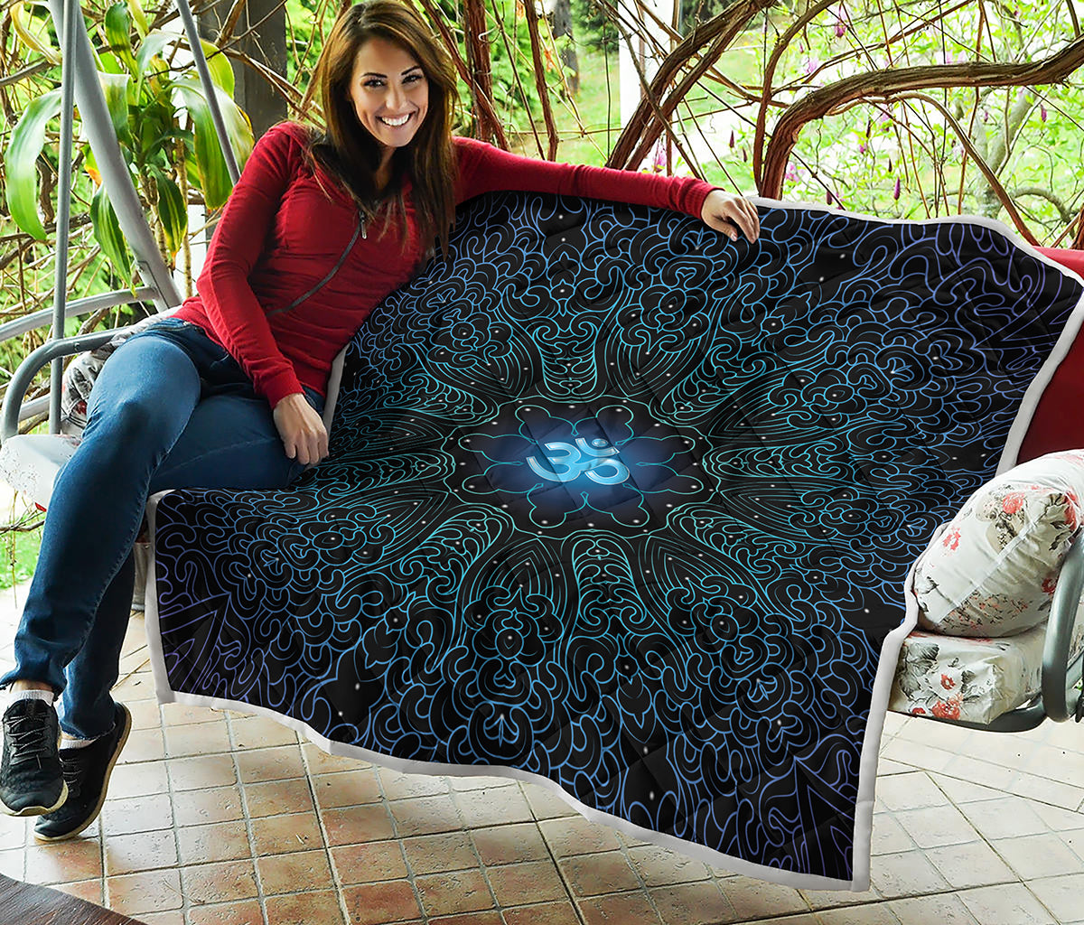 Blue Om Mandala Print Quilt