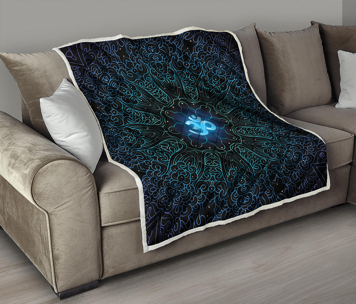 Blue Om Mandala Print Quilt