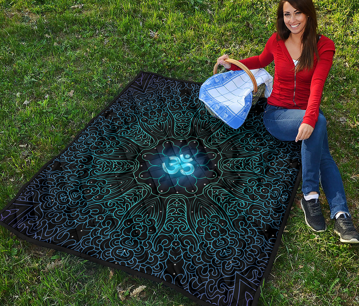 Blue Om Mandala Print Quilt