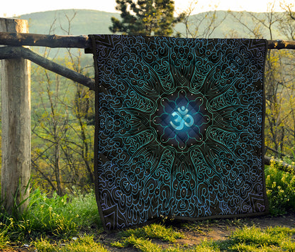 Blue Om Mandala Print Quilt