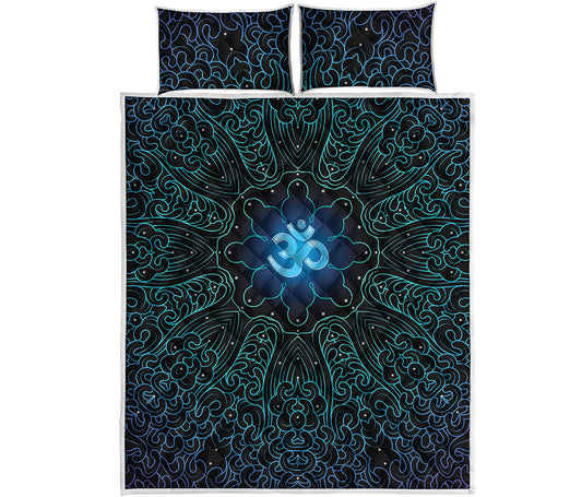 Blue Om Mandala Print Quilt Bed Set