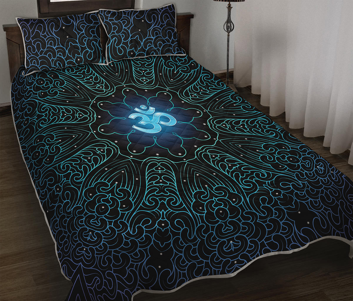 Blue Om Mandala Print Quilt Bed Set