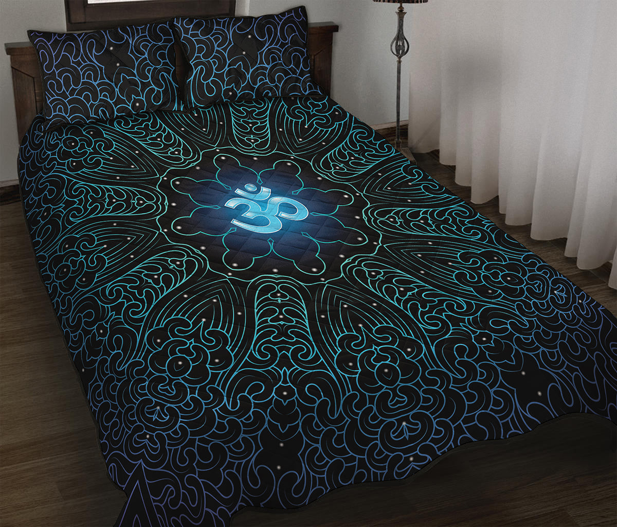 Blue Om Mandala Print Quilt Bed Set