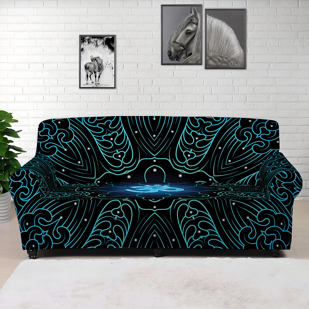 Blue Om Mandala Print Sofa Cover