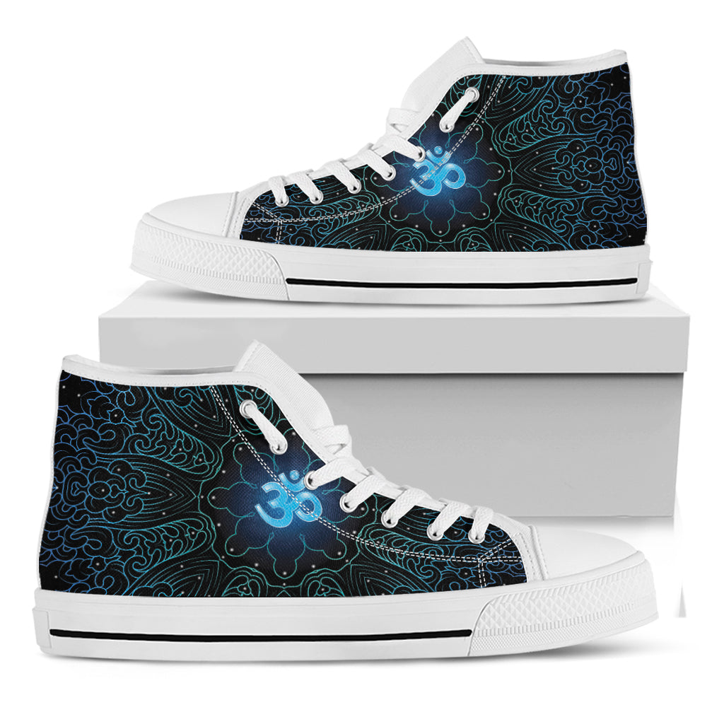 Blue Om Mandala Print White High Top Shoes