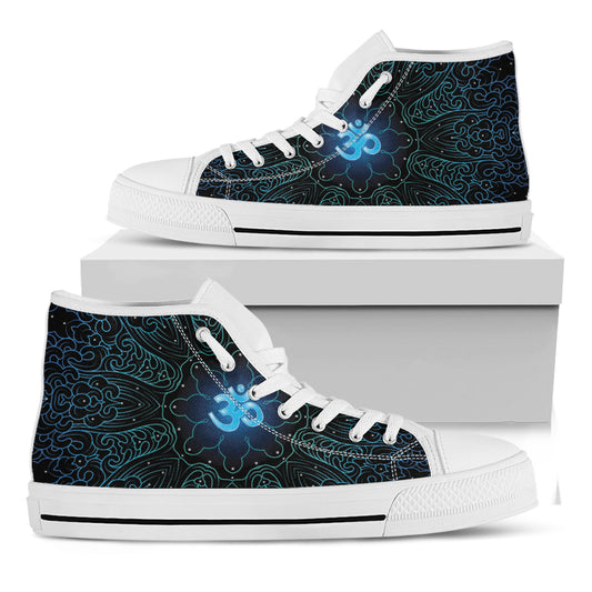 Blue Om Mandala Print White High Top Shoes