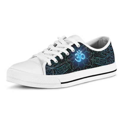 Blue Om Mandala Print White Low Top Shoes