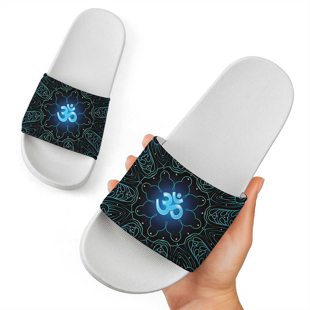 Blue Om Mandala Print White Slide Sandals