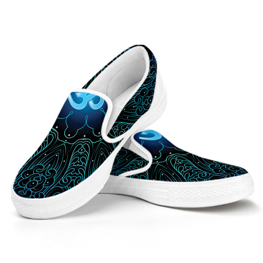 Blue Om Mandala Print White Slip On Shoes