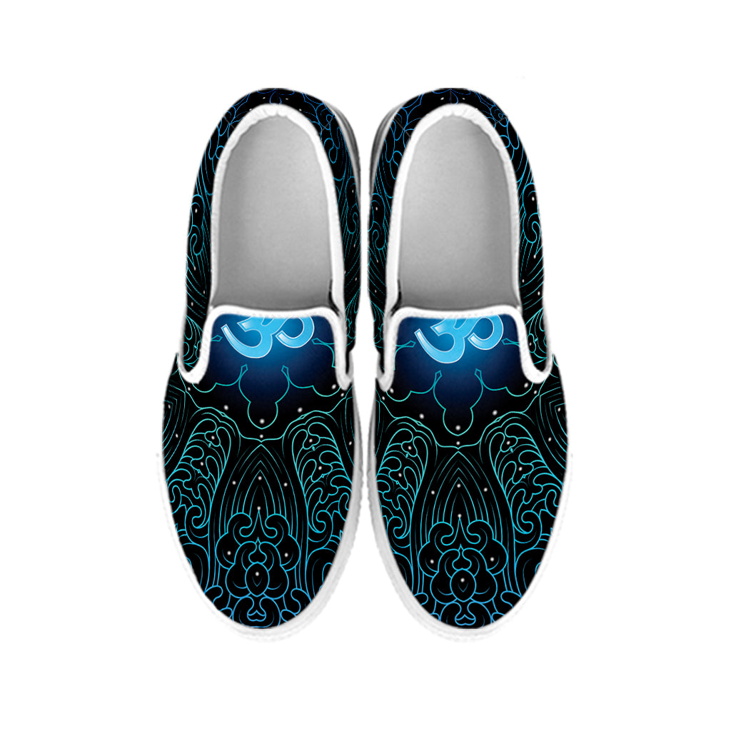 Blue Om Mandala Print White Slip On Shoes