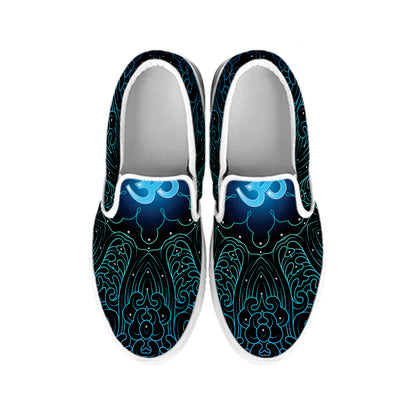 Blue Om Mandala Print White Slip On Shoes
