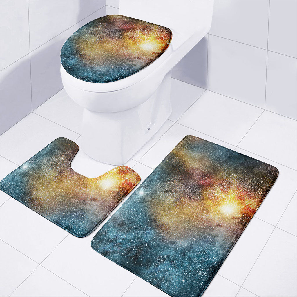 Blue Orange Stardust Galaxy Space Print 3 Piece Bath Mat Set