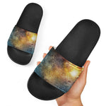 Blue Orange Stardust Galaxy Space Print Black Slide Sandals