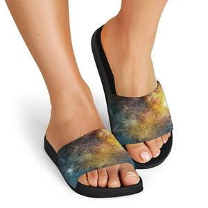 Blue Orange Stardust Galaxy Space Print Black Slide Sandals