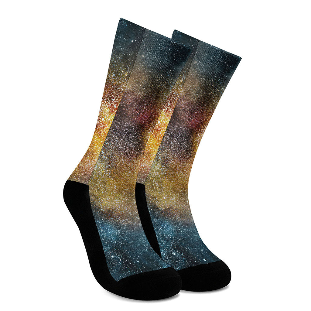 Blue Orange Stardust Galaxy Space Print Crew Socks