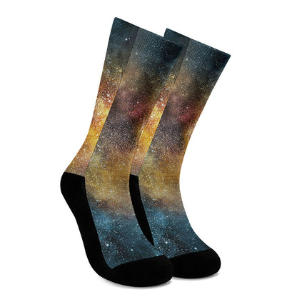 Blue Orange Stardust Galaxy Space Print Crew Socks