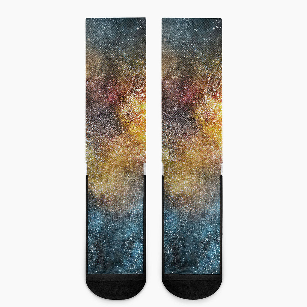 Blue Orange Stardust Galaxy Space Print Crew Socks