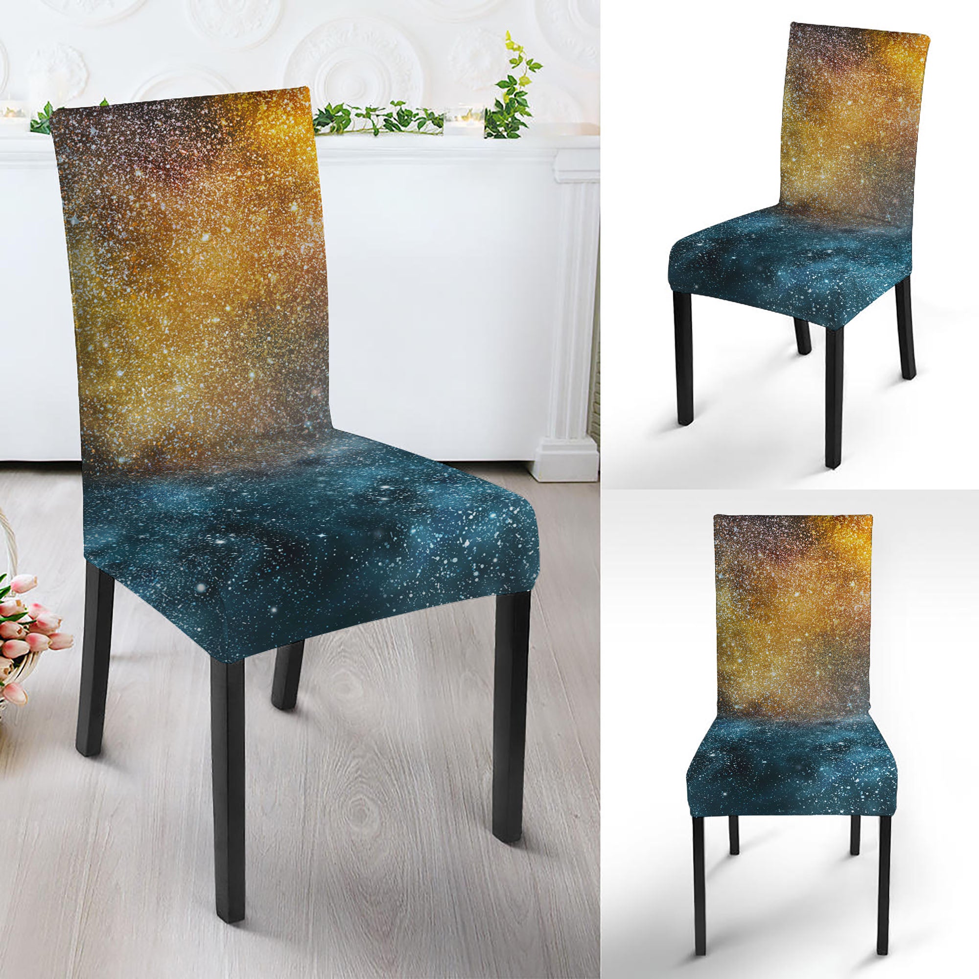 Blue Orange Stardust Galaxy Space Print Dining Chair Slipcover