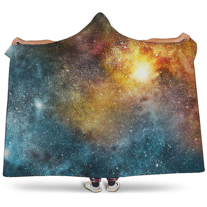 Blue Orange Stardust Galaxy Space Print Hooded Blanket