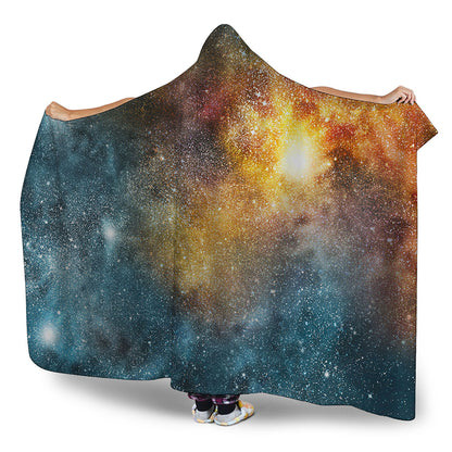 Blue Orange Stardust Galaxy Space Print Hooded Blanket