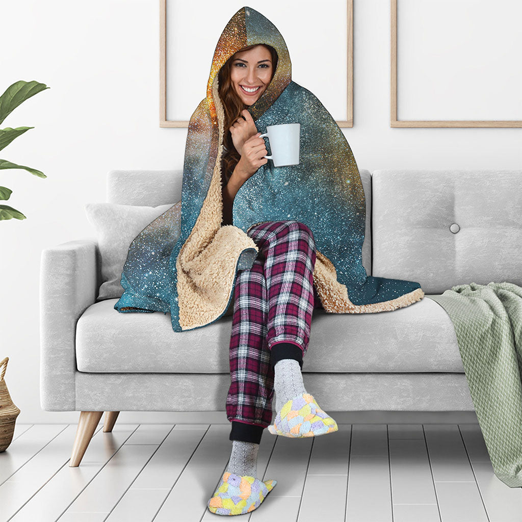Blue Orange Stardust Galaxy Space Print Hooded Blanket