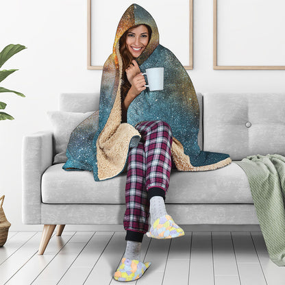 Blue Orange Stardust Galaxy Space Print Hooded Blanket