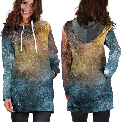 Blue Orange Stardust Galaxy Space Print Hoodie Dress GearFrost