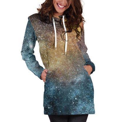 Blue Orange Stardust Galaxy Space Print Hoodie Dress GearFrost