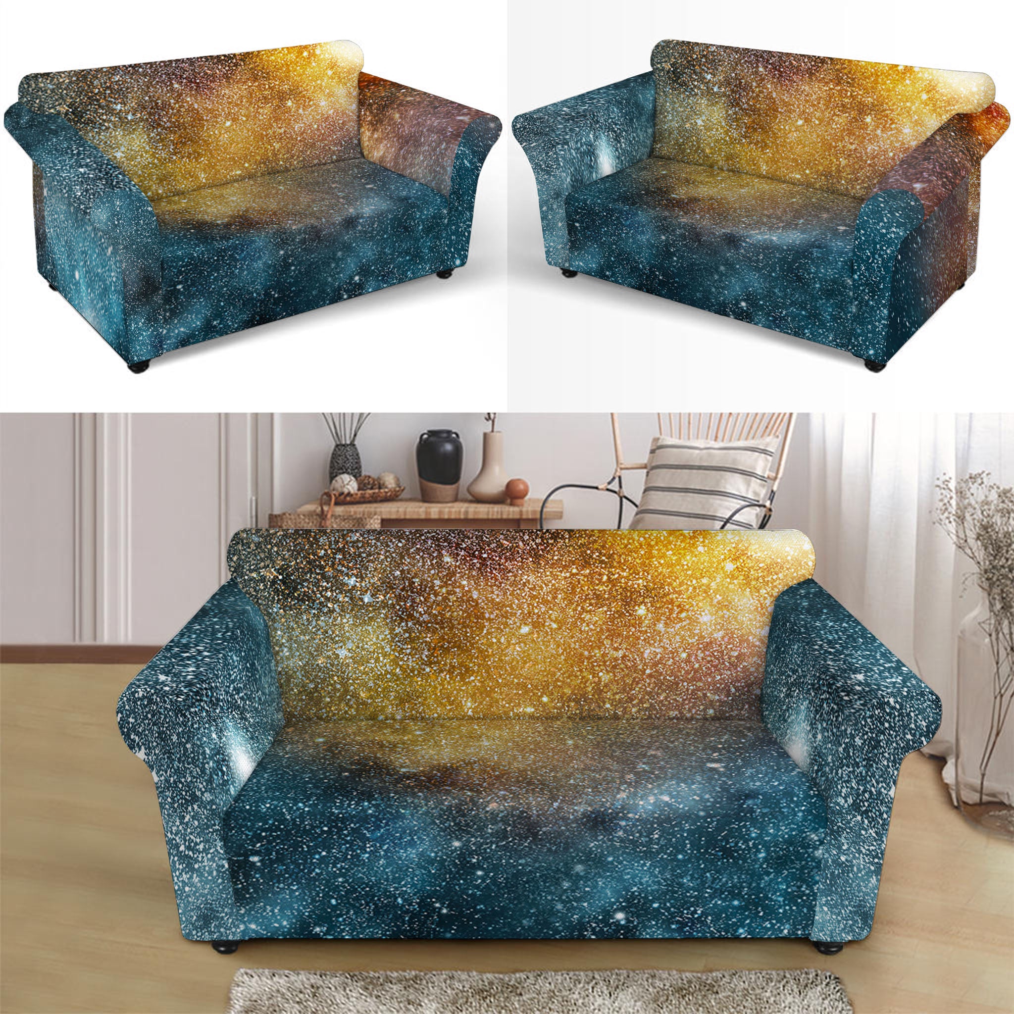 Blue Orange Stardust Galaxy Space Print Loveseat Slipcover