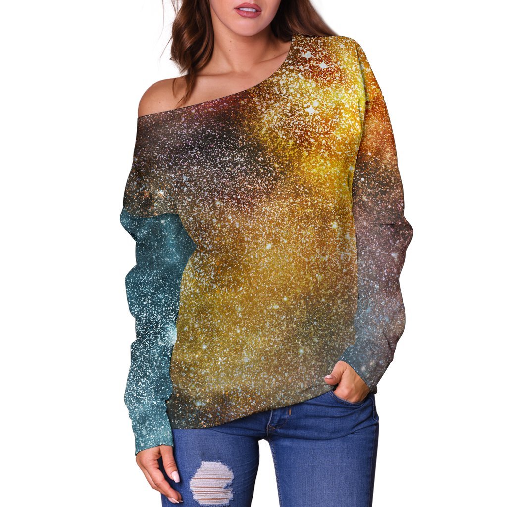 Blue Orange Stardust Galaxy Space Print Off Shoulder Sweatshirt GearFrost