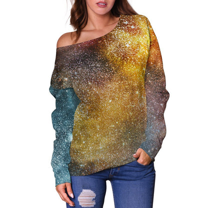 Blue Orange Stardust Galaxy Space Print Off Shoulder Sweatshirt GearFrost