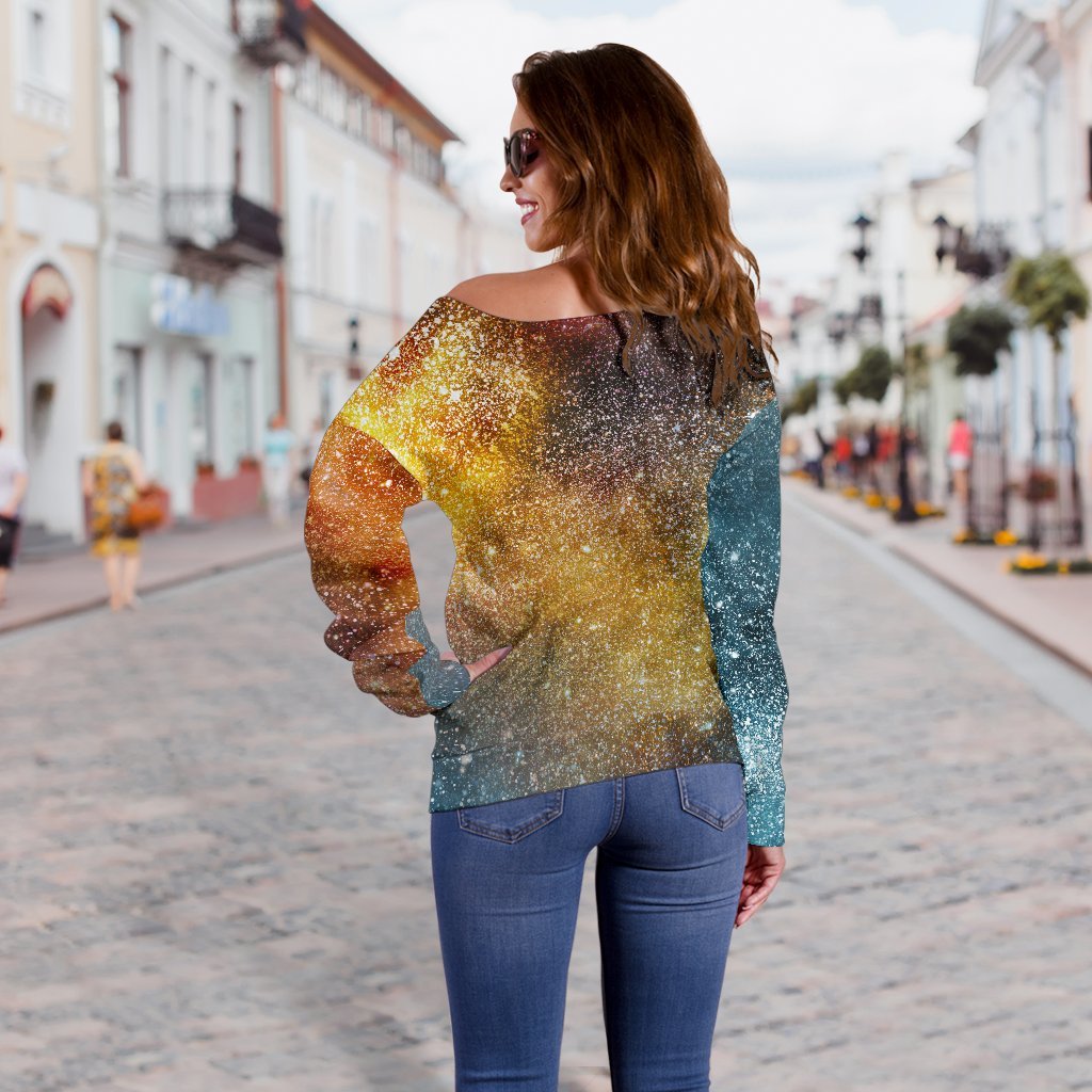 Blue Orange Stardust Galaxy Space Print Off Shoulder Sweatshirt GearFrost