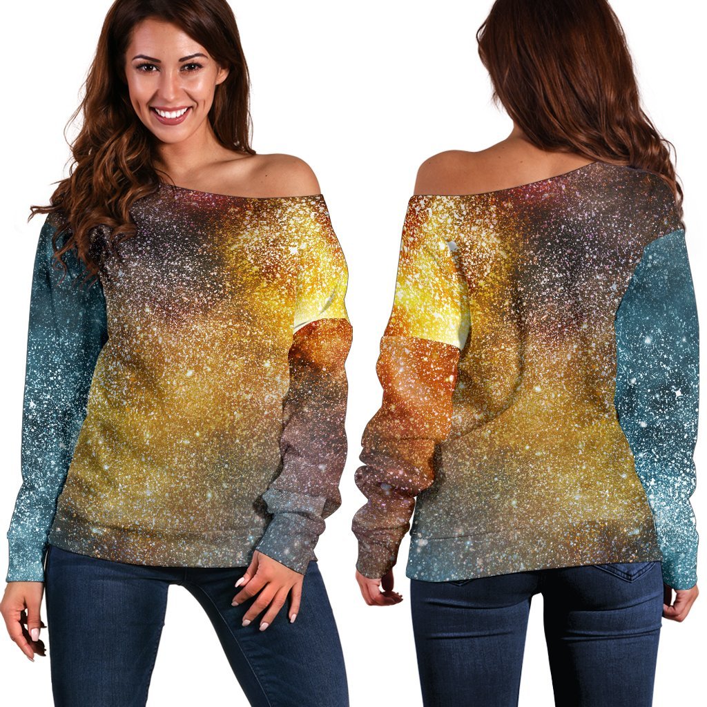 Blue Orange Stardust Galaxy Space Print Off Shoulder Sweatshirt GearFrost