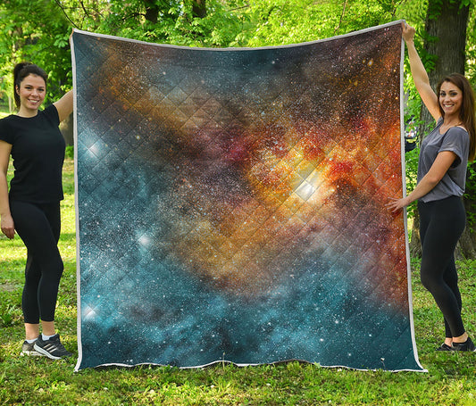 Blue Orange Stardust Galaxy Space Print Quilt