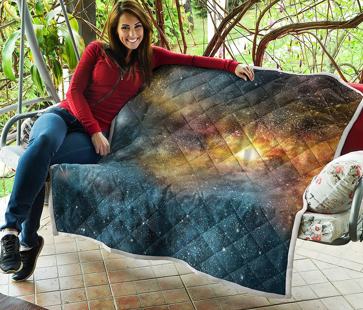 Blue Orange Stardust Galaxy Space Print Quilt