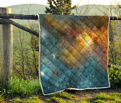 Blue Orange Stardust Galaxy Space Print Quilt