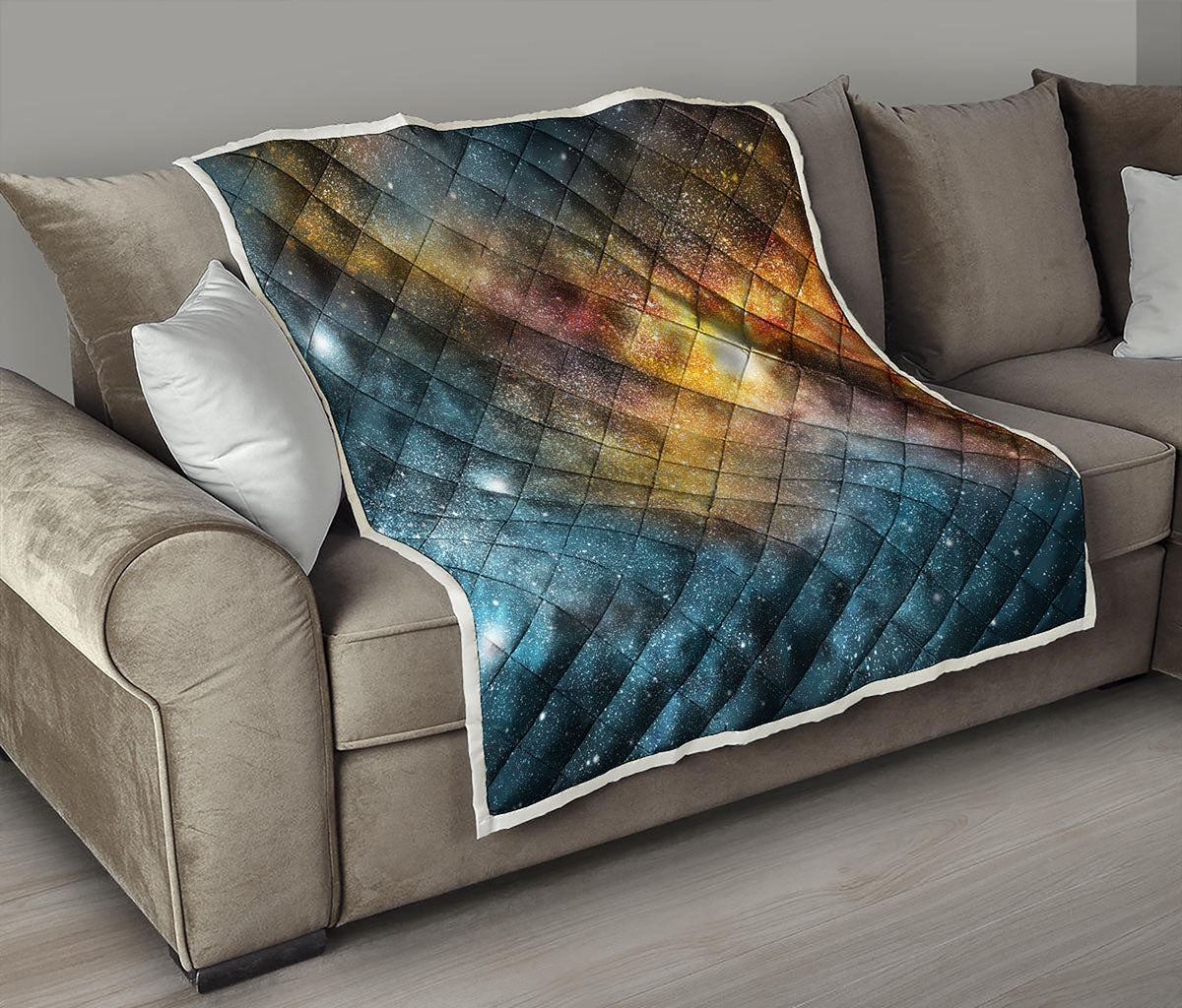 Blue Orange Stardust Galaxy Space Print Quilt