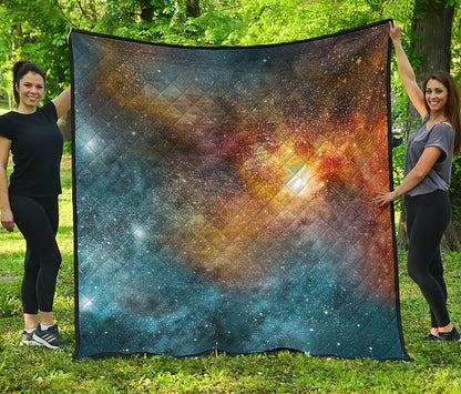 Blue Orange Stardust Galaxy Space Print Quilt